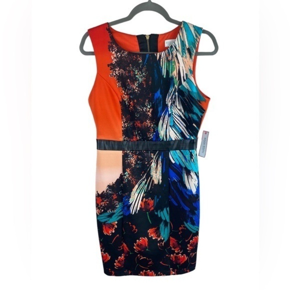 Bisou Bison Michelle Bohbot Women Floral black Orange bodycon mini Dress 10 NEW
